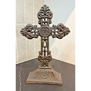 Cast Iron Free-Standing Cross Gothic Metal Religious Brown Decor Heavy 10"